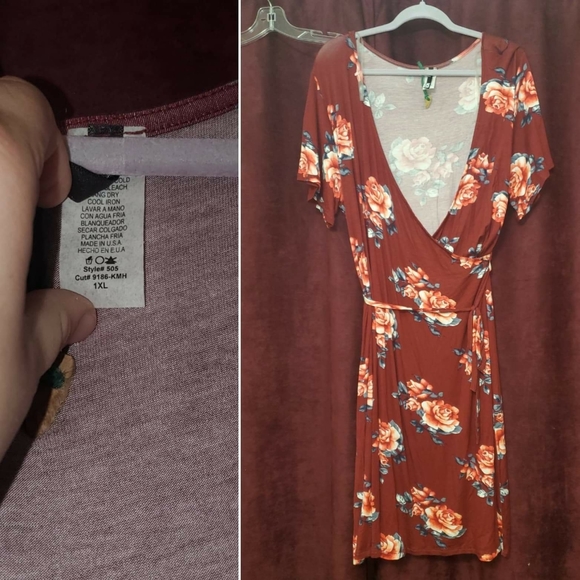 MOA USA Burgundy Floral Faux Wrap Dress - Picture 1 of 1